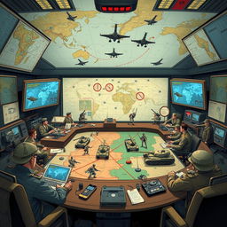 An illustration depicting military strategy, showcasing a detailed map with various troop movements and symbols, including tanks, infantry, and aerial units