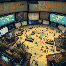 An illustration depicting military strategy, showcasing a detailed map with various troop movements and symbols, including tanks, infantry, and aerial units