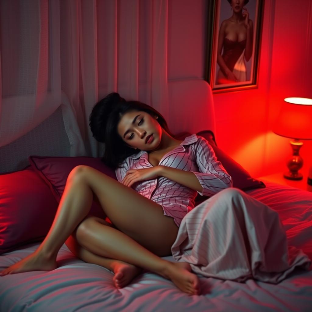 An intimate scene in a softly lit bedroom at night, illuminated by a warm red light