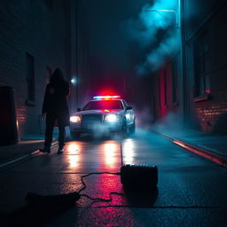 A captivating police mystery scene set in a dimly lit alleyway at night, with a mysterious figure cloaked in shadows, holding a flashlight
