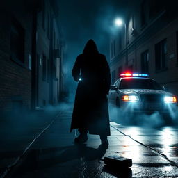 A captivating police mystery scene set in a dimly lit alleyway at night, with a mysterious figure cloaked in shadows, holding a flashlight