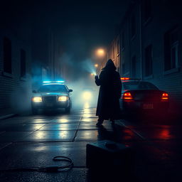 A captivating police mystery scene set in a dimly lit alleyway at night, with a mysterious figure cloaked in shadows, holding a flashlight