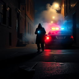 A captivating police mystery scene set in a dimly lit alleyway at night, with a mysterious figure cloaked in shadows, holding a flashlight