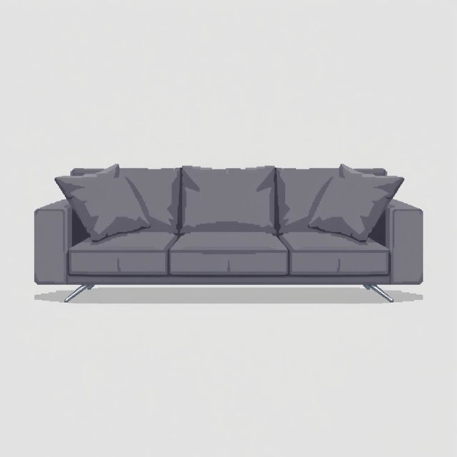 A pixel art representation of a modern low-profile sofa composed entirely of large gray cushions