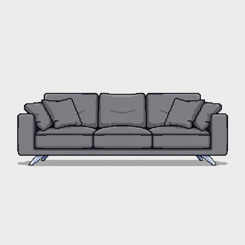 A pixel art representation of a modern low-profile sofa composed entirely of large gray cushions
