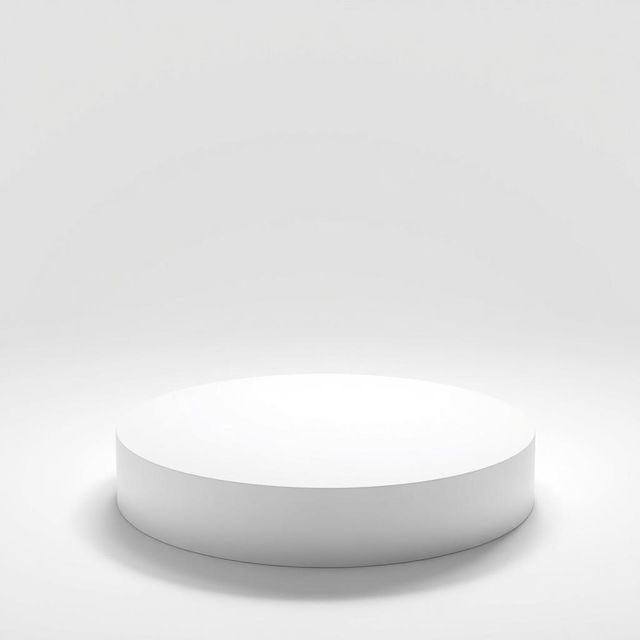 A sleek, thin white round podium casting a soft grey shadow, set against an entirely white background