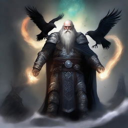 This is a revised image of a dwarven priest of Odin, more heavily armored and with an increased number of spectral ravens swirling around him