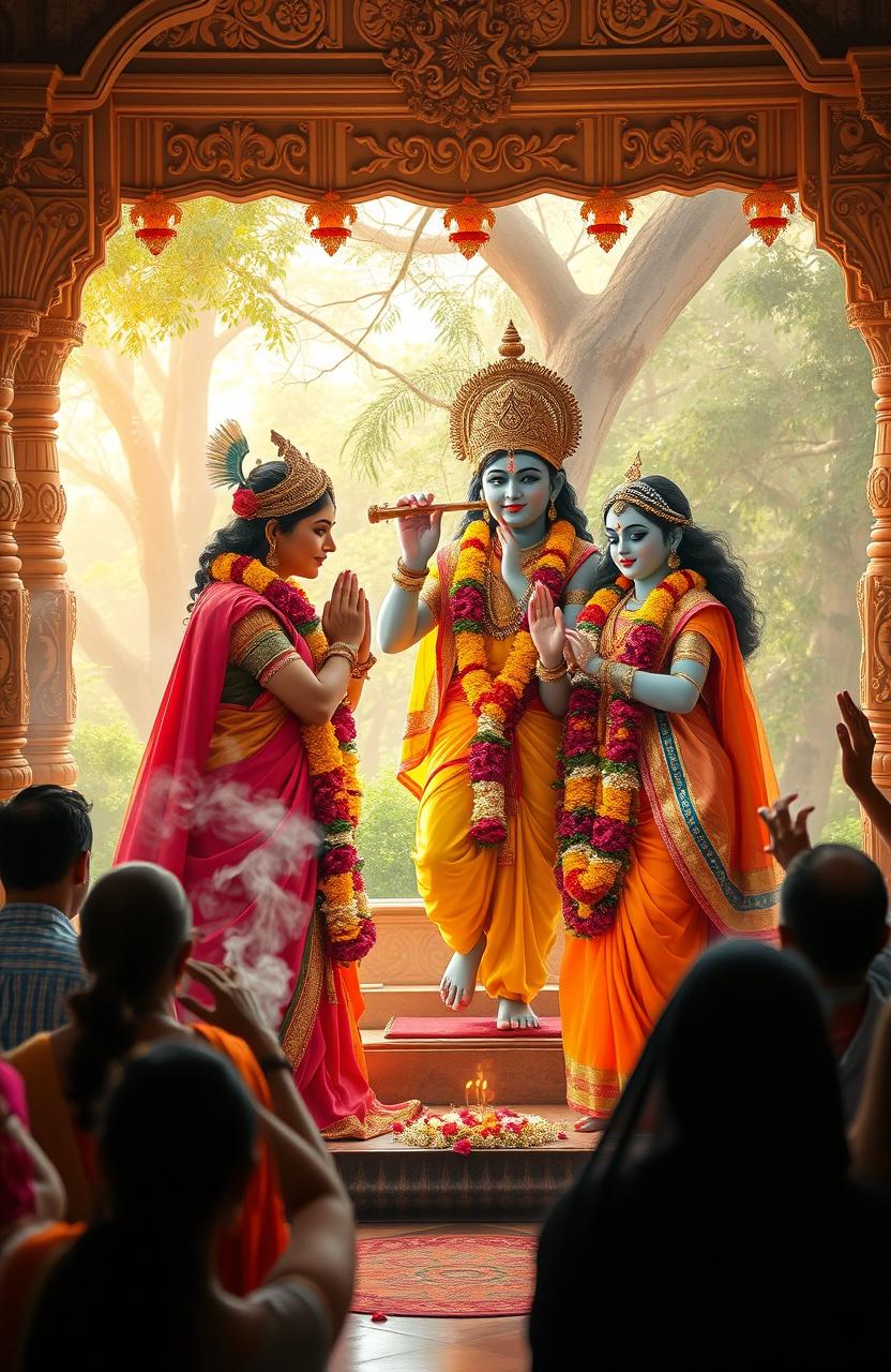 A beautiful and serene scene depicting Indian god Sri Chaitanya in a traditional outfit, with flowing robes in vibrant colors, performing a heartfelt worship ritual to the divine couple, Krishna and Radha