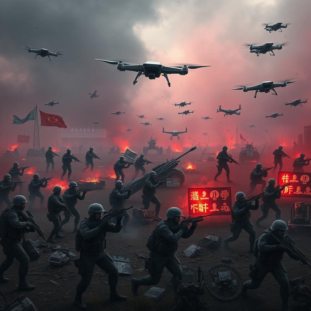 A conceptual artwork illustrating hybrid warfare, blending traditional military tactics with modern technological elements