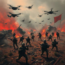 A conceptual artwork illustrating hybrid warfare, blending traditional military tactics with modern technological elements