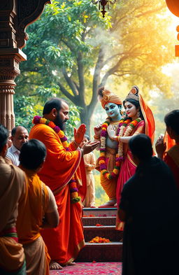 A beautiful and serene scene depicting Indian god Sri Chaitanya in a traditional outfit, with flowing robes in vibrant colors, performing a heartfelt worship ritual to the divine couple, Krishna and Radha