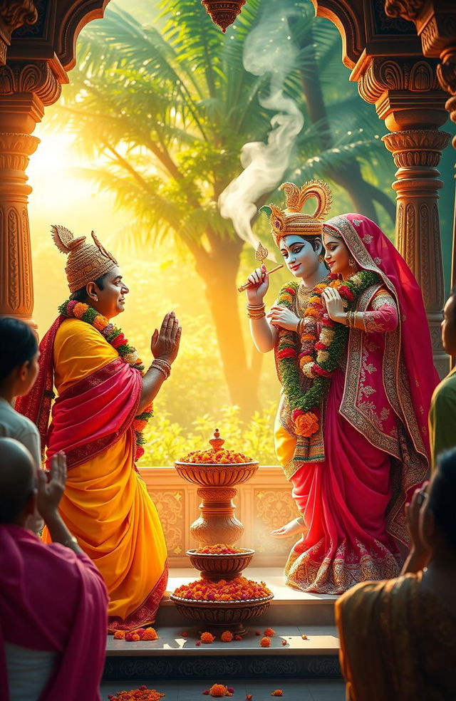 A beautiful and serene scene depicting Indian god Sri Chaitanya in a traditional outfit, with flowing robes in vibrant colors, performing a heartfelt worship ritual to the divine couple, Krishna and Radha