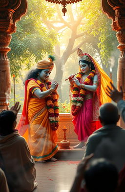 A beautiful and serene scene depicting Indian god Sri Chaitanya in a traditional outfit, with flowing robes in vibrant colors, performing a heartfelt worship ritual to the divine couple, Krishna and Radha