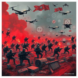 A conceptual artwork illustrating hybrid warfare, blending traditional military tactics with modern technological elements
