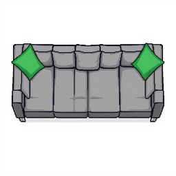 A top-down pixel art view of a modern low-profile gray sofa, designed entirely of large rectangular cushions