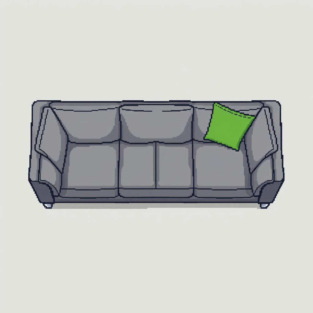 A top-down pixel art view of a modern low-profile gray sofa, designed entirely of large rectangular cushions