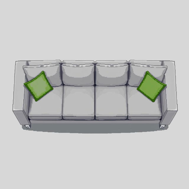 A top-down pixel art view of a modern low-profile gray sofa, designed entirely of large rectangular cushions