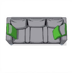 A top-down pixel art view of a modern low-profile gray sofa, designed entirely of large rectangular cushions