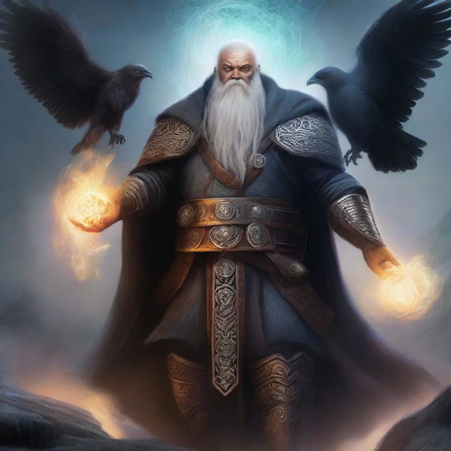 This is a revised image of a dwarven priest of Odin, more heavily armored and with an increased number of spectral ravens swirling around him