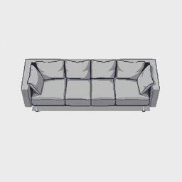 A top-down pixel art illustration of a modern low-profile gray sofa, designed in a wide and rectangular shape