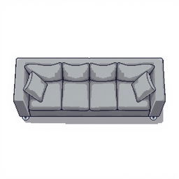 A top-down pixel art illustration of a modern low-profile gray sofa, designed in a wide and rectangular shape