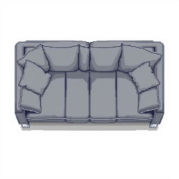 A top-down pixel art illustration of a modern low-profile gray sofa, designed in a wide and rectangular shape