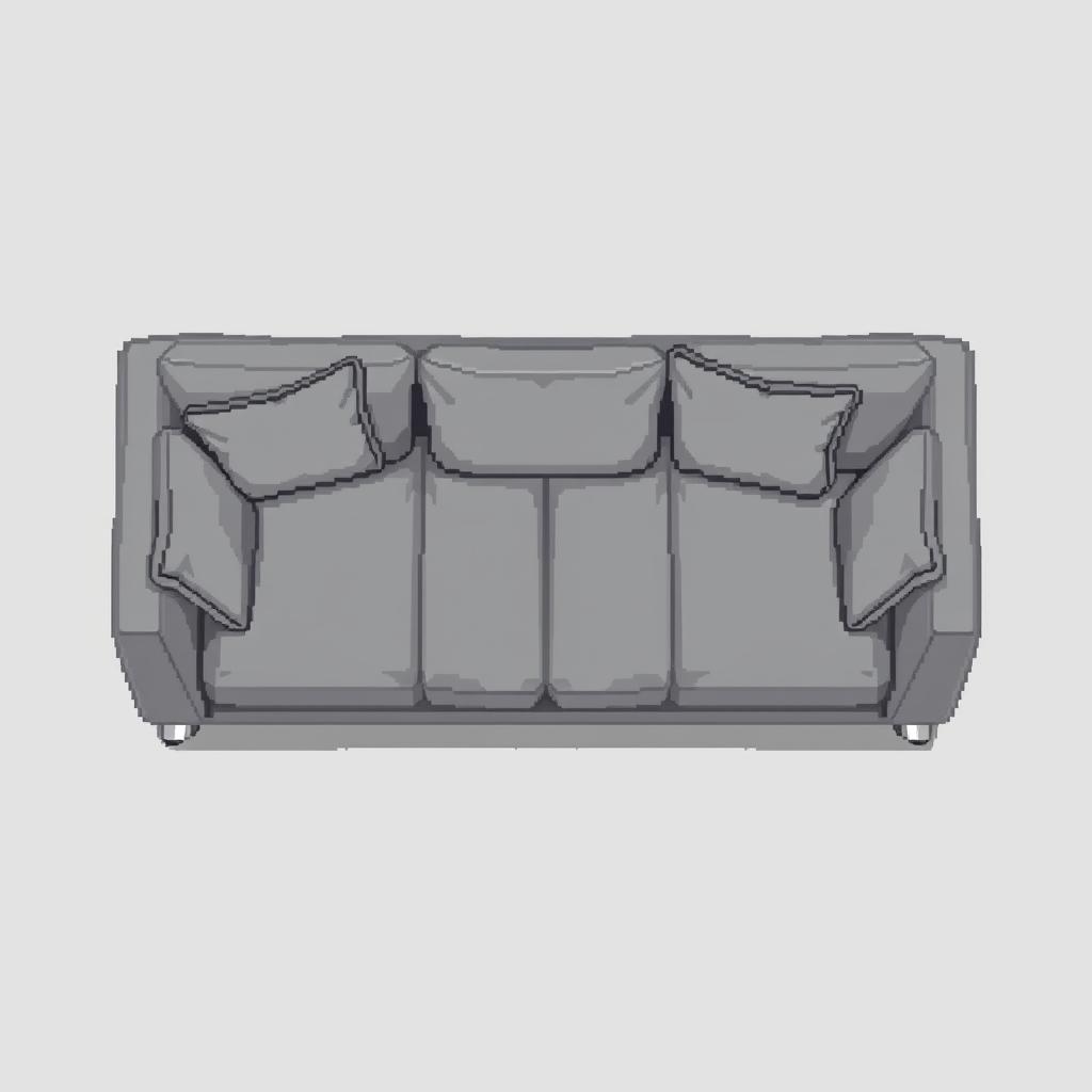 A top-down pixel art illustration of a modern low-profile gray sofa, designed in a wide and rectangular shape