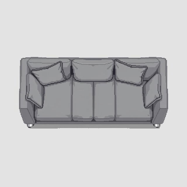 A top-down pixel art illustration of a modern low-profile gray sofa, designed in a wide and rectangular shape