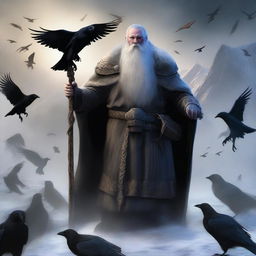 This is an updated image of a dwarven priest of Odin, now holding a spear and surrounded by exactly 15 ghostly ravens