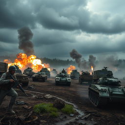 A dramatic battlefield scene set during a fierce conflict, showcasing soldiers in tactical gear, various military vehicles like tanks and armored trucks, and an array of weaponry in action