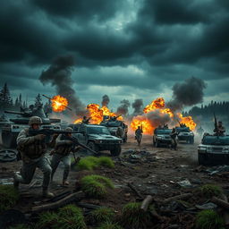 A dramatic battlefield scene set during a fierce conflict, showcasing soldiers in tactical gear, various military vehicles like tanks and armored trucks, and an array of weaponry in action