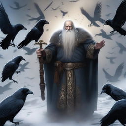 This is an updated image of a dwarven priest of Odin, now holding a spear and surrounded by exactly 15 ghostly ravens