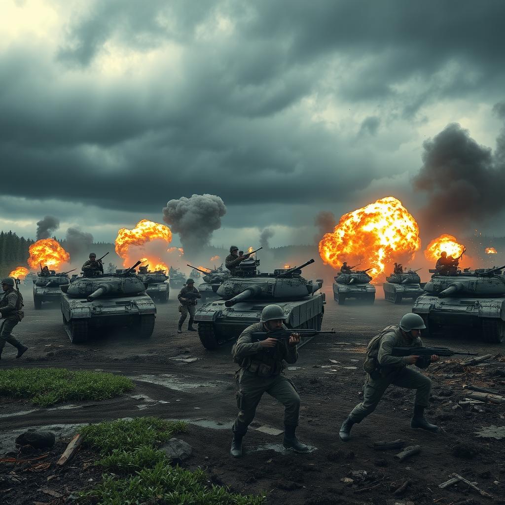 A dramatic battlefield scene set during a fierce conflict, showcasing soldiers in tactical gear, various military vehicles like tanks and armored trucks, and an array of weaponry in action