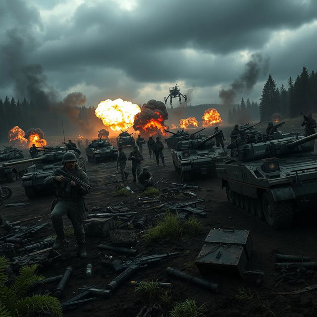 A dramatic battlefield scene set during a fierce conflict, showcasing soldiers in tactical gear, various military vehicles like tanks and armored trucks, and an array of weaponry in action