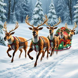 A festive scene featuring five lively reindeer pulling a colorful Christmas luge through a snowy landscape