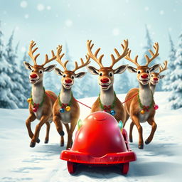 A festive scene featuring five lively reindeer pulling a colorful Christmas luge through a snowy landscape