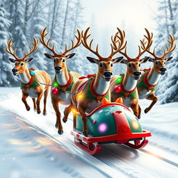 A festive scene featuring five lively reindeer pulling a colorful Christmas luge through a snowy landscape