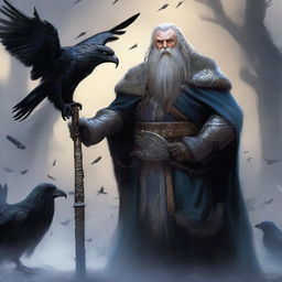 This is an updated image of a dwarven priest of Odin, now holding a spear and surrounded by exactly 15 ghostly ravens