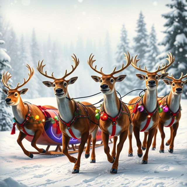 A festive scene featuring five lively reindeer pulling a colorful Christmas luge through a snowy landscape