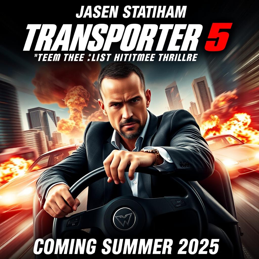 A dynamic poster for 'Transporter 5: The Ultimate Action Thriller' (2025), featuring Jason Statham reprising his iconic role as Frank Martin, the formidable transport specialist with exceptional driving and combat skills