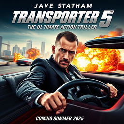 A dynamic poster for 'Transporter 5: The Ultimate Action Thriller' (2025), featuring Jason Statham reprising his iconic role as Frank Martin, the formidable transport specialist with exceptional driving and combat skills