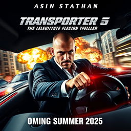A dynamic poster for 'Transporter 5: The Ultimate Action Thriller' (2025), featuring Jason Statham reprising his iconic role as Frank Martin, the formidable transport specialist with exceptional driving and combat skills