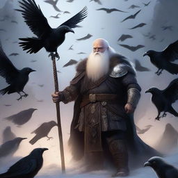 This is an updated image of a dwarven priest of Odin, now holding a spear and surrounded by exactly 15 ghostly ravens