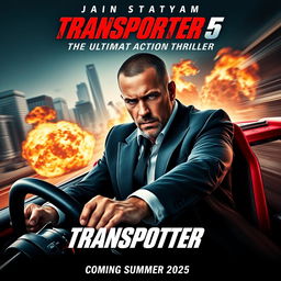 A dynamic poster for 'Transporter 5: The Ultimate Action Thriller' (2025), featuring Jason Statham reprising his iconic role as Frank Martin, the formidable transport specialist with exceptional driving and combat skills