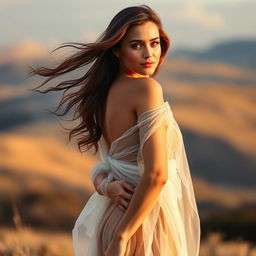 A beautiful, confident woman standing in an elegant pose, wearing a flowing, sheer garment that subtly reveals her figure and creates an ethereal and dreamlike atmosphere