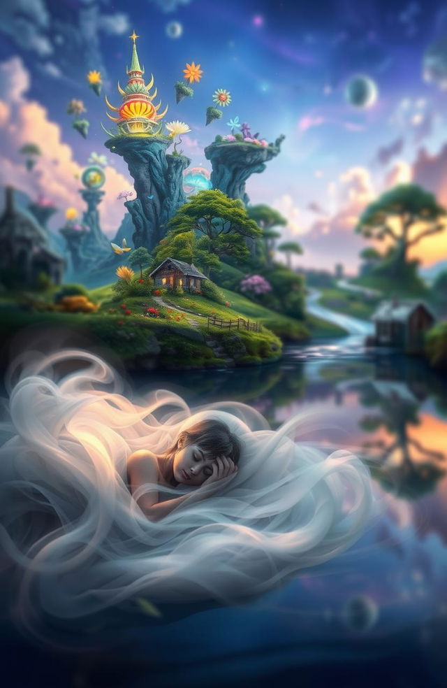 A surreal scene with a dreamy blur in the background, contrasting a vibrant fantasy world featuring fantastical elements like floating islands and glowing plants against a mundane setting of a simple village