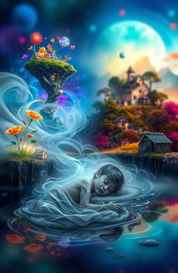 A surreal scene with a dreamy blur in the background, contrasting a vibrant fantasy world featuring fantastical elements like floating islands and glowing plants against a mundane setting of a simple village