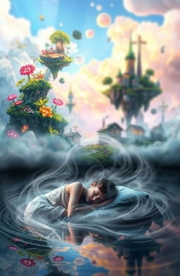 A surreal scene with a dreamy blur in the background, contrasting a vibrant fantasy world featuring fantastical elements like floating islands and glowing plants against a mundane setting of a simple village