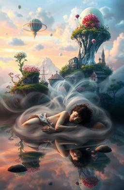 A surreal scene with a dreamy blur in the background, contrasting a vibrant fantasy world featuring fantastical elements like floating islands and glowing plants against a mundane setting of a simple village