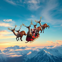 A spectacular scene depicting five majestic reindeer soaring through the sky, pulling Santa Claus's Christmas luge over the breathtaking Alps